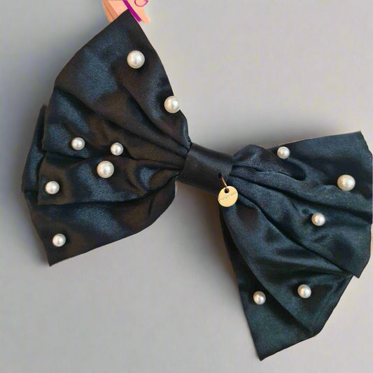 Satin Silk Pearl Bow Barrette Hair Clip - Black