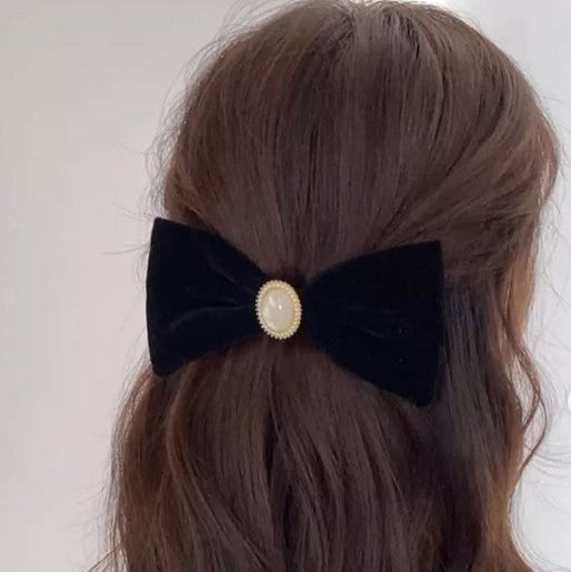 Velvet Stone Bow Barrette Hair Clip 🎀